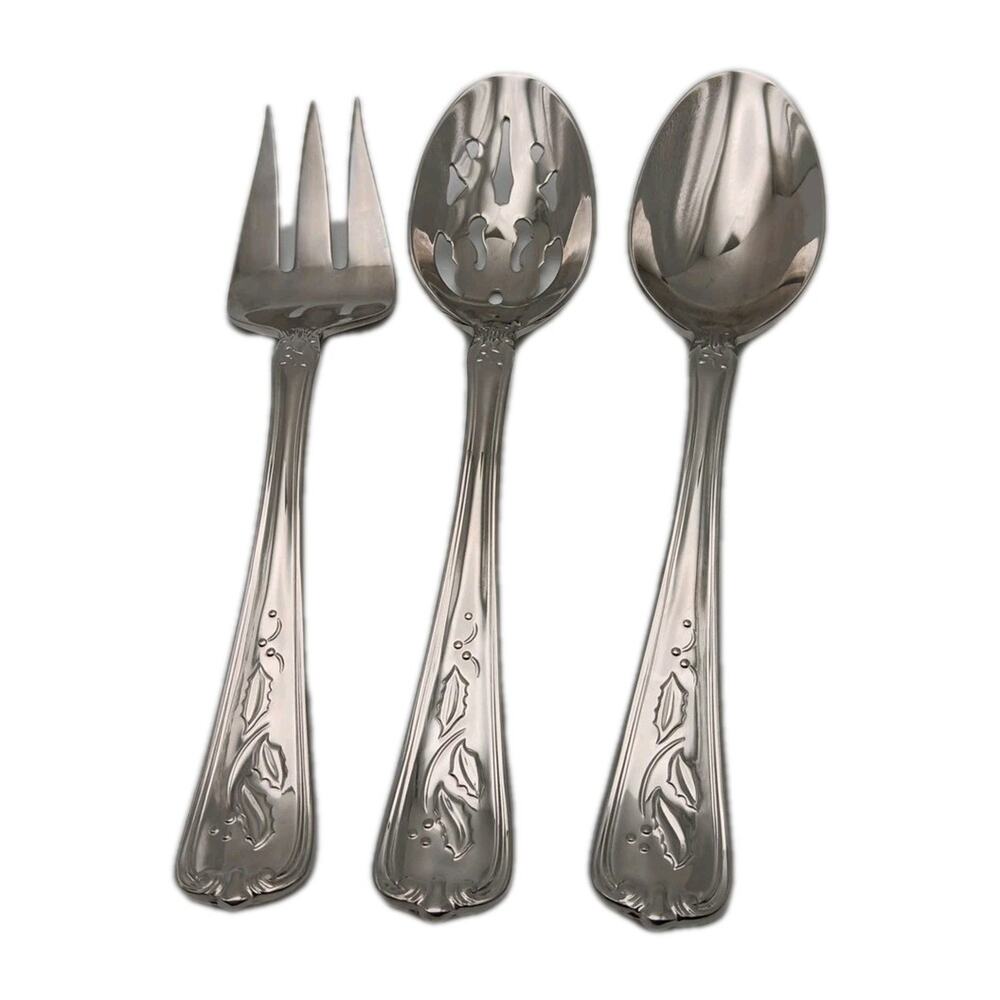 Lenox Holiday Holly Platinum 3 Piece Server Set 18/8 Stainless Flatware Korea